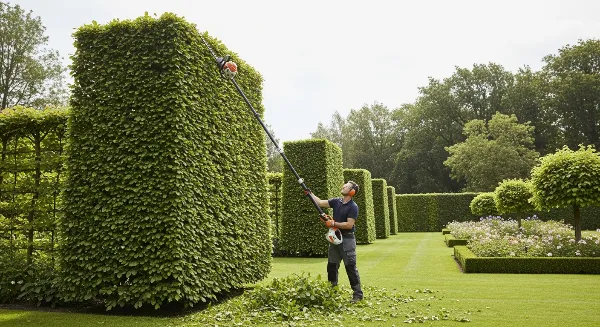 Jardinier taillant une haie haute avec un taille-haies télescopique pour un travail sécurisé.