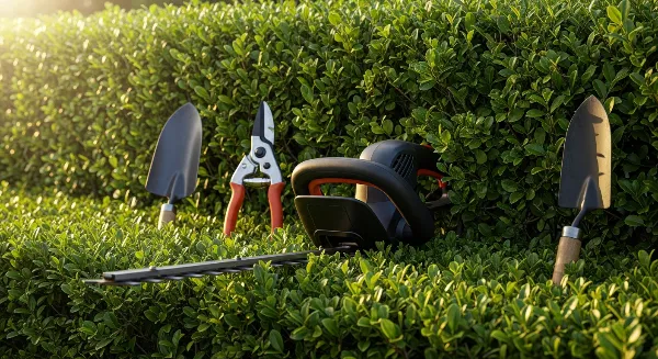 Haie de jardin dense et taillée avec précision, symbolisant un entretien réussi.