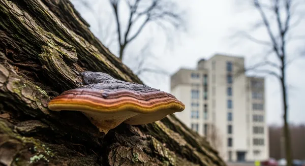 Tronc d'arbre avec une fissure et des champignons, montrant des dommages structurels.
