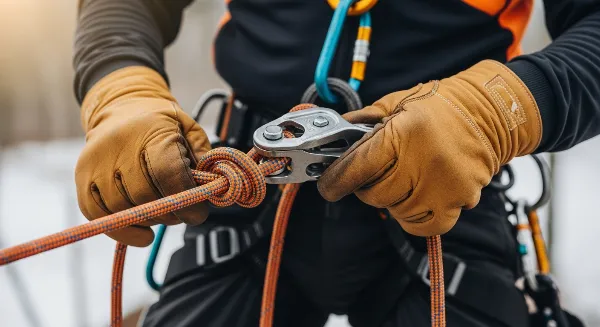 Arboriste utilisant un système de rétention avec cordes et poulies pour descendre un billon d'arbre