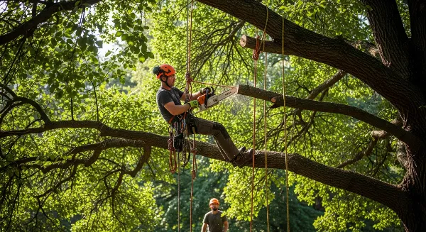 Arboriste grimpeur coupant une branche d'arbre en milieu urbain avec des cordes de sécurité
