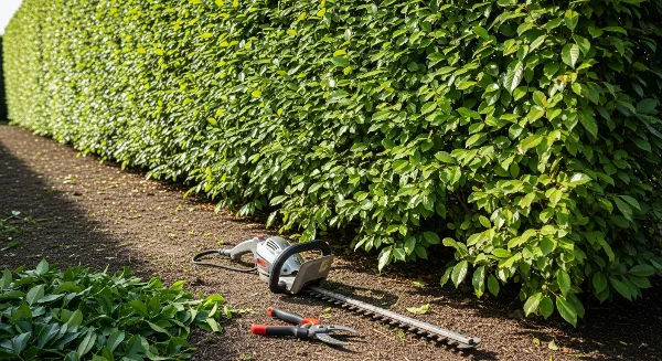 Une haie verte et dense, avec des outils de taille à ses pieds