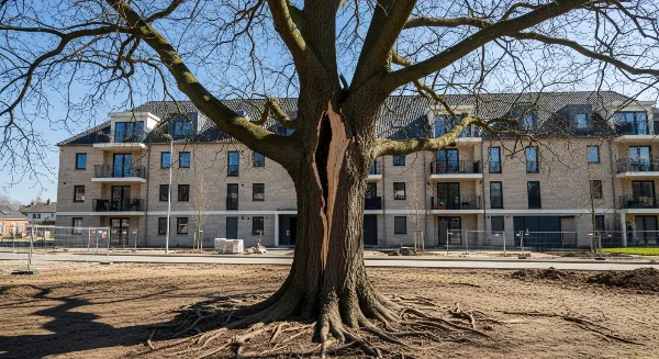 Tronc d'arbre malade avec racines endommageant le sol, signe de besoin d'abattage.
