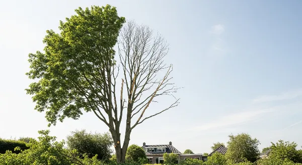 Arbre avec des branches taillées et d'autres intactes, illustrant le dilemme entre élagage et abattage.