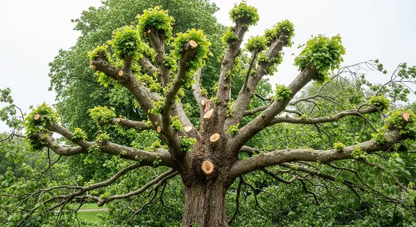 Conséquences d'une taille sévère mal réalisée sur un arbre, montrant des plaies et des rejets.